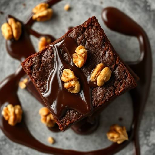 Brownie de chocolate com nozes e calda de chocolate.