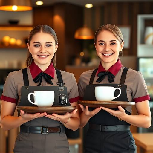 Dois funcionários sorrindo do Café Aromático, vestindo uniformes e segurando bandejas com café.