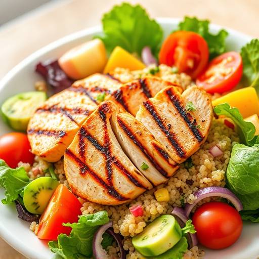 Salada colorida com frango grelhado, quinoa e vegetais frescos.