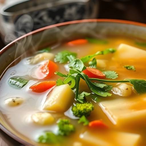 Tigela de sopa do dia com vegetais frescos.