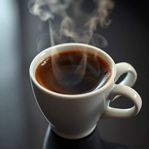 Uma xícara de café expresso fumegante, com creme espesso e cor marrom escura.